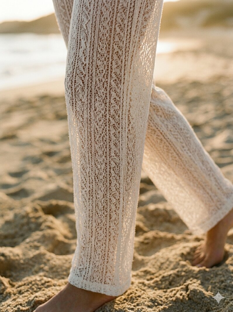Lace weave detail of the Beach Coverup on sand