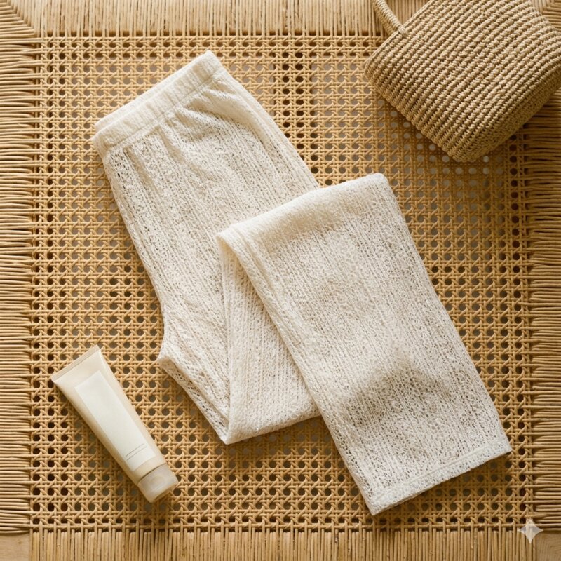 The Beach Coverup folded on rattan with sunscreen