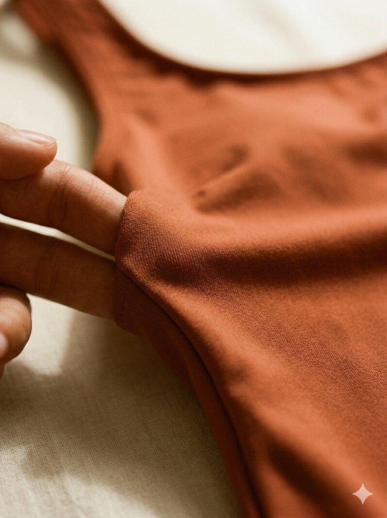 Close-up of terracotta swimsuit fabric showing stretch and weight