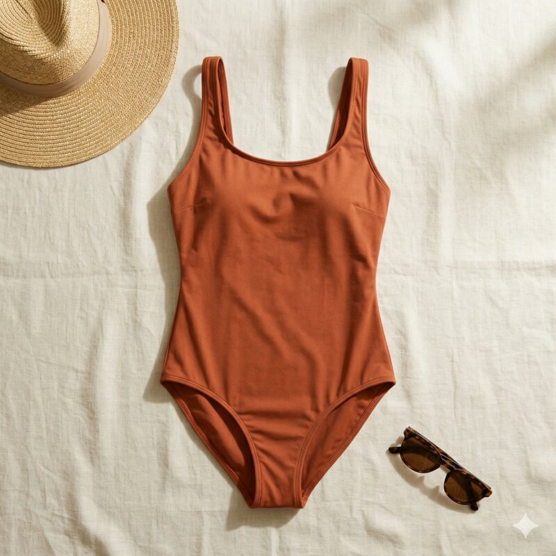 The Classic One-Piece laid flat on linen with sun hat and sunglasses