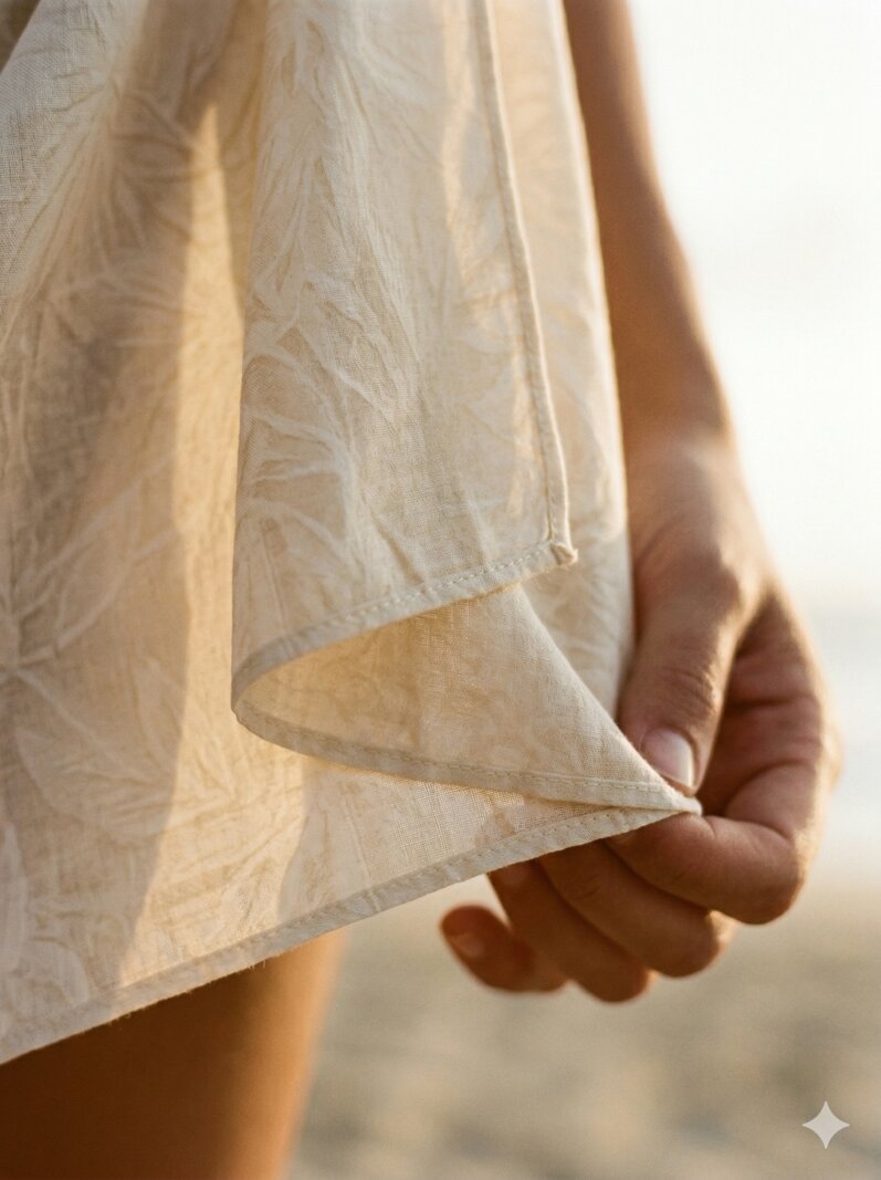 The Pareo tossed on terra cotta tile with flip flops and frangipani