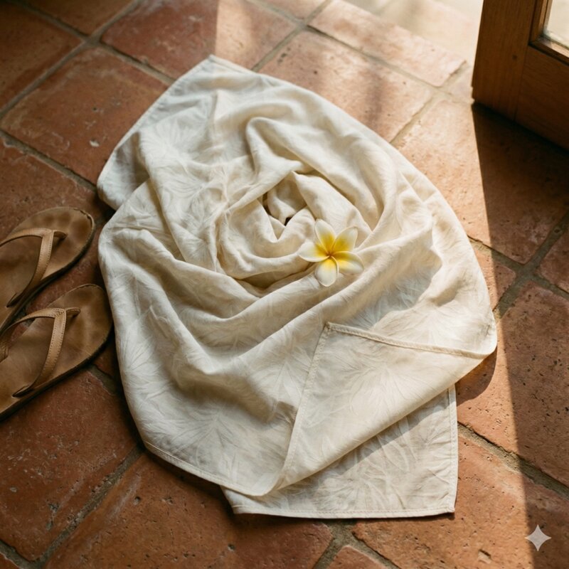 Hand holding the pareo hem showing the fabric weight and light passing through