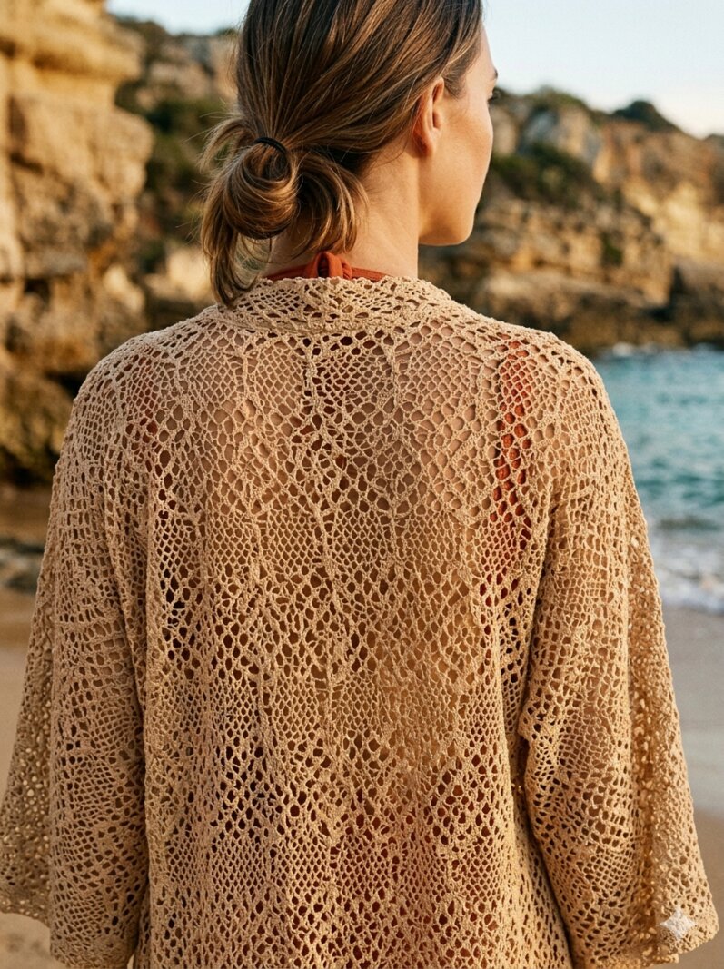 Back view of the Sun Shirt lace pattern with ocean behind