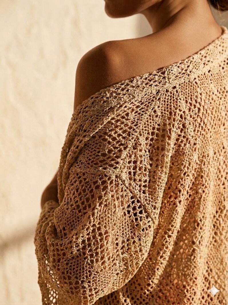 Close-up of lace coverup shoulder and sleeve drape