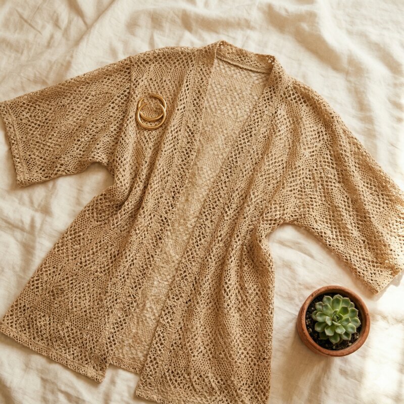 The Sun Shirt laid flat showing the open crochet weave
