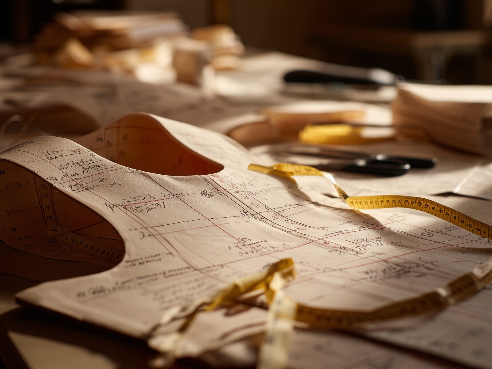 Pattern pieces with measurements and measuring tape