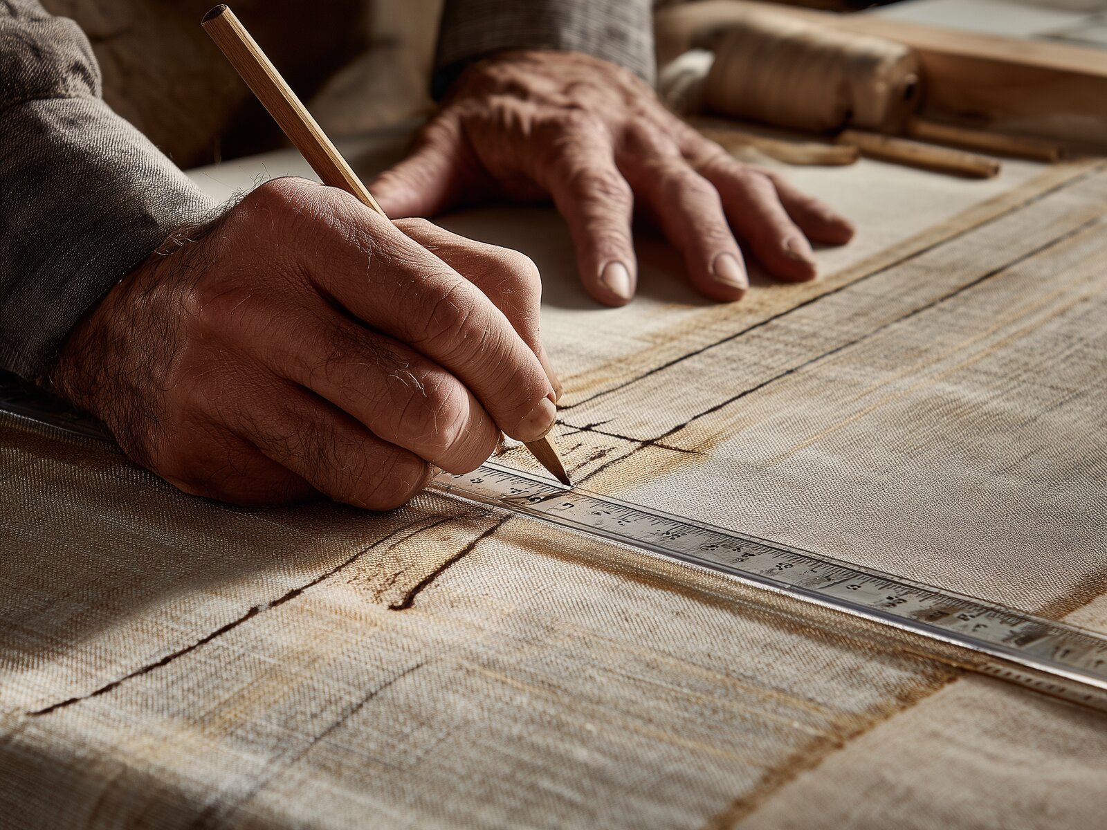 Marking the grain line on fabric with a pencil and ruler