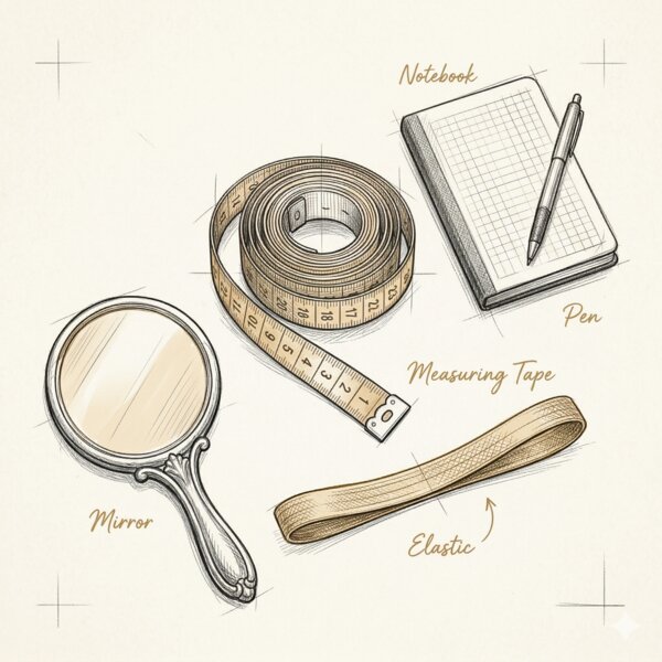 Measuring tools: tape, mirror, elastic, notebook